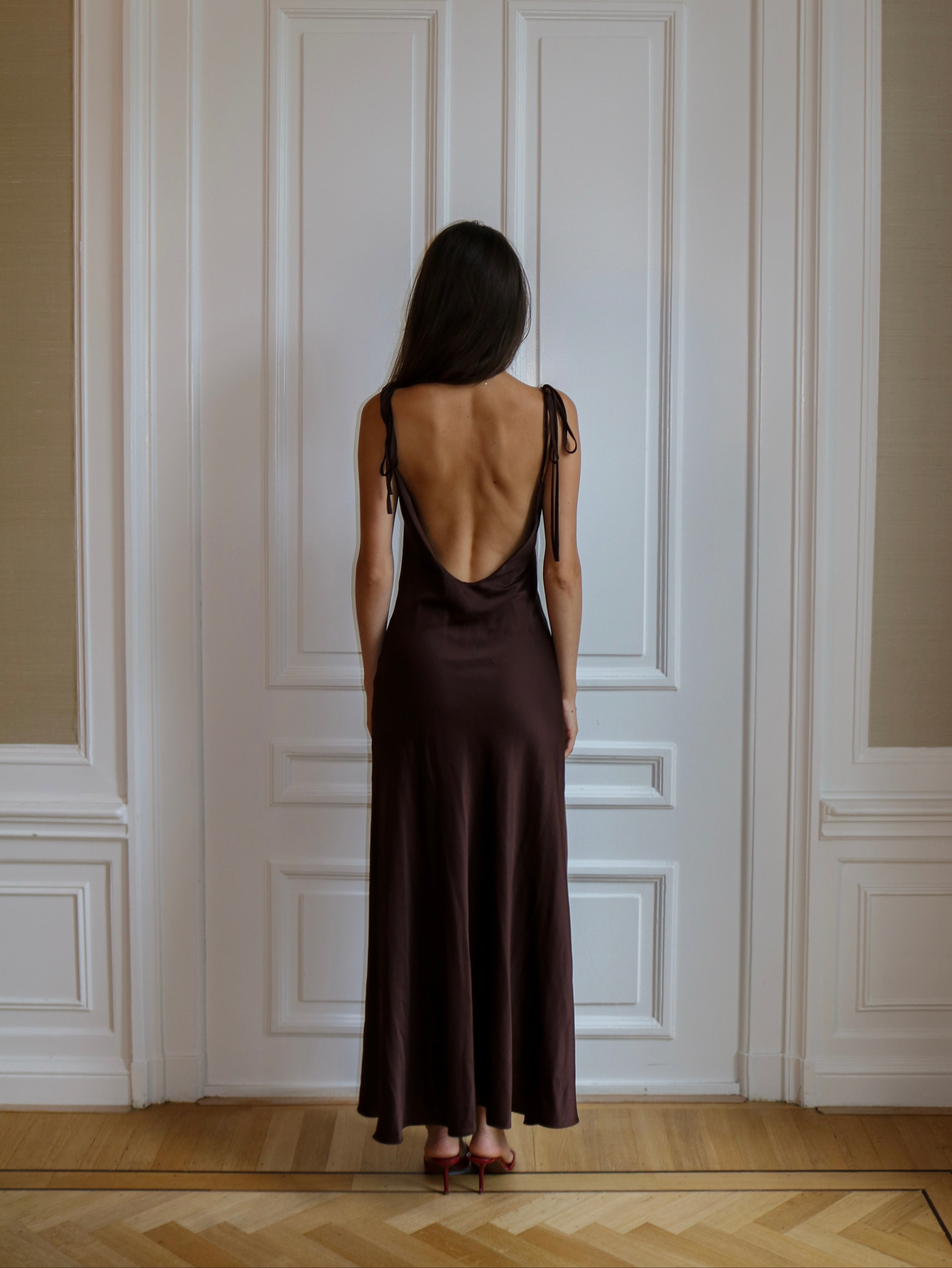 Chocolate Cherrie | Backless Satin Dress
